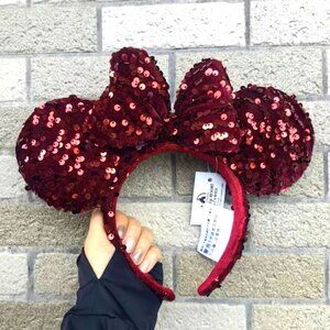 Disney Parks Burgundy Red Sequin Mickey Ears Headband